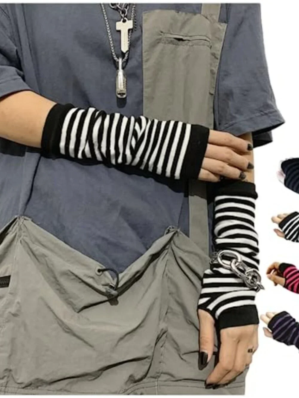 Kawaii Harajuku Goth Knitted Arm Warmers with Thumb Hole - Y2K Fingerless Gloves